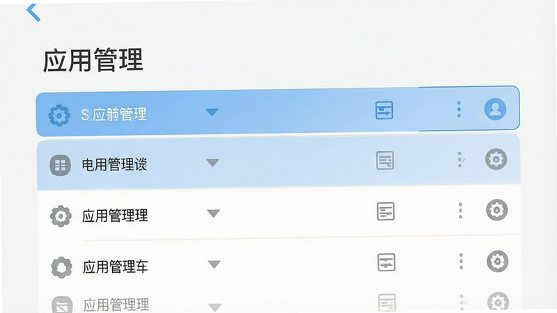 一张展示手机设置界面的示意图,主体为“应用管理”列表,布局清晰,排版有序,风格扁平化,细节处有高亮选中效果,画质清晰,干净,无多余元素,文字内容包含“应用管理”