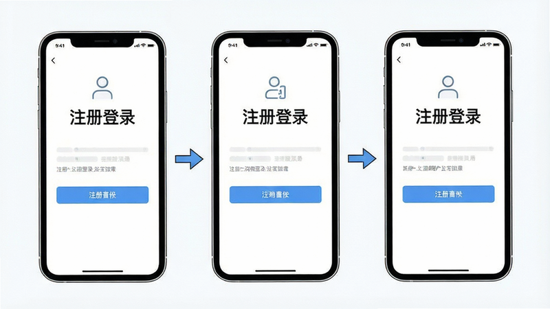 一张展示新用户注册流程的步骤图,主体为三个并列的手机屏幕,布局线性,排版简洁,风格引导式UI,细节处有箭头指示,画质清晰,干净,无多余元素,文字内容包含“注册登录”
