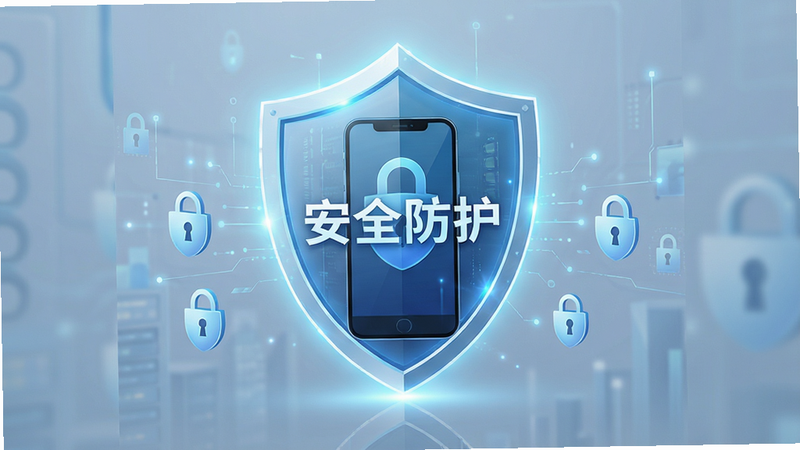 一张象征数据安全的概念图,主体为一个发光的盾牌保护着手机,布局中心聚焦,排版稳重,风格商务安全风,细节处有锁形图标元素,画质清晰,干净,无多余元素,文字内容包含“安全防护”