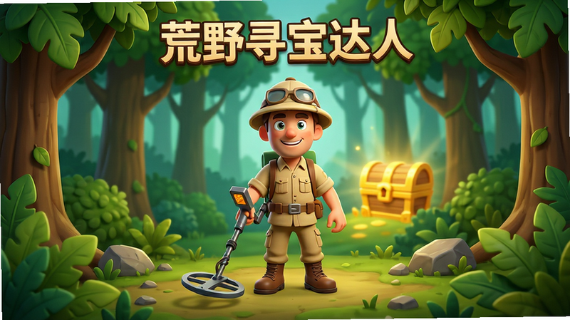 荒野寻宝达人游戏主界面,主体为一位身穿探险装备的卡通人物手持金属探测器,背景是郁郁葱葱的原始森林与远处隐约可见的金色宝藏光芒,布局居中对称,排版清晰,风格为高清3D卡通渲染,细节丰富展现树叶纹理与地面碎石,画质4K,干净,无多余元素,文字“荒野寻宝达人”位于顶部居中