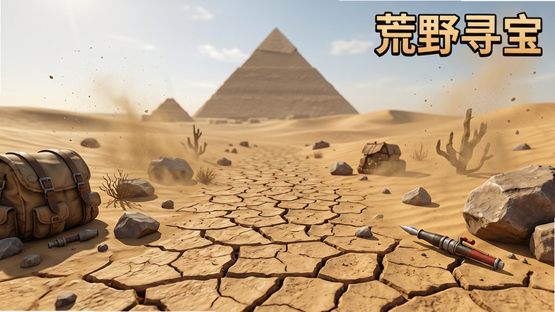 荒野寻宝达人游戏场景截图,主体为荒漠环境,地面布满干裂的泥土与散落的石块,远处有金字塔轮廓,布局采用透视构图,排版开阔,风格为写实风格与卡通结合,细节展示沙尘颗粒感与光影投射,画质高清,干净,无多余元素,文字“荒野寻宝”位于右上角