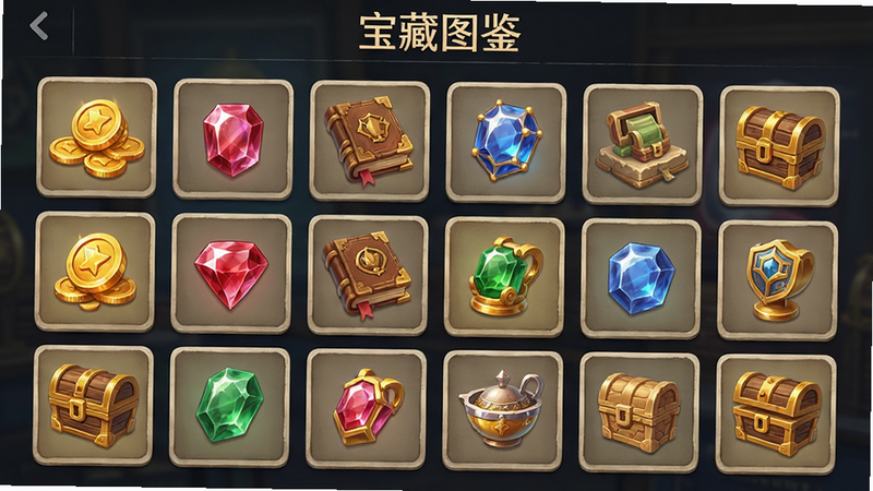 荒野寻宝达人宝藏图鉴界面,主体为网格状展示多种宝藏物品图标,包括金币、宝石、古书等,布局整齐有序,排版为卡片式,风格为博物馆展示风格,细节展示物品的高光反射与材质纹理,画质清晰,干净,无多余元素,文字“宝藏图鉴”位于顶部