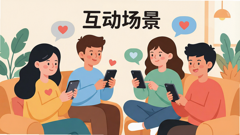 一张多人互动社交场景插画,主体为几个卡通人物围坐聊天,手持手机,布局温馨,排版扁平化设计,风格清新插画风,细节处有爱心与对话气泡,画质4k,干净无多余元素,文字包含