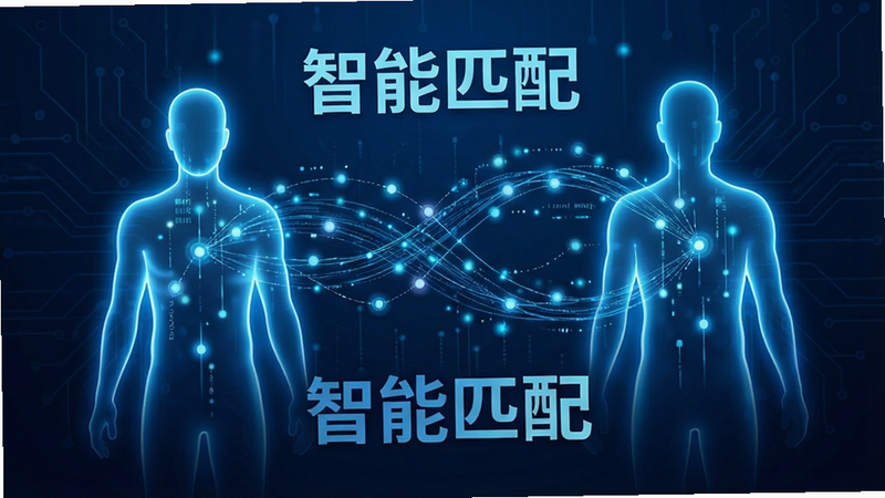 一张抽象化的智能匹配示意图,主体为两个发光的人形轮廓通过数据流连接,布局对称,排版科技感强,风格蓝色科技风,细节处有数据节点闪烁,画质8k,干净无多余元素,文字包含