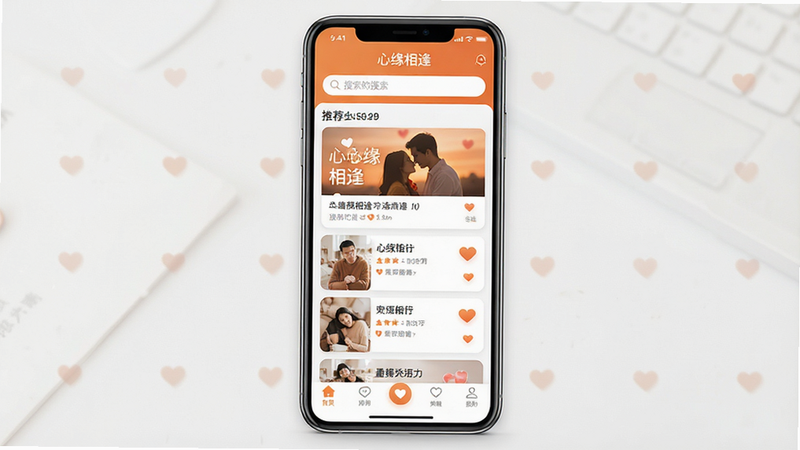 һ�Ÿ�������Ӧ�ý���ȫ��ͼ������Ϊ'��Ե���'APP����ҳ���棬��������չʾ�������������в��Ƽ���Ƭ�б��͵ײ����������Ű����ִ��������ܰ������ɫ����ů��ɫ�Ͱ�ɫΪ����ϸ�ڴ��а���ͼ���׺�����ʸ��壬�ɾ��޶���Ԫ�أ�����'��Ե���'�����ɼ�