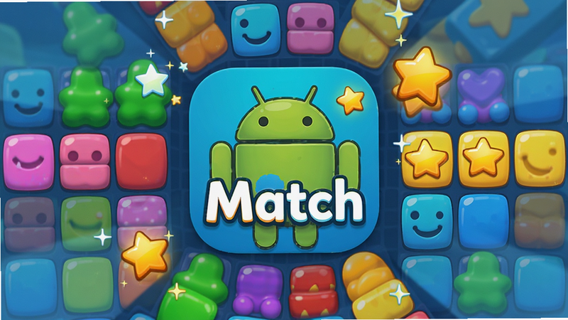 主体为 Match 安卓应用图标居中,周围环绕着色彩鲜艳的消除方块,布局呈放射状,排版简洁现代,风格清新卡通,细节包含高分特效和星星奖励,画质高清,干净无多余元素,文字