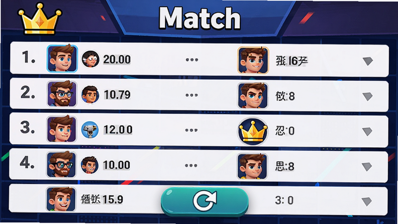主体为 Match 游戏排行榜界面,显示前几名玩家的头像和分数,布局列表式排列,排版清晰易读,风格竞技紧张感,细节包含皇冠图标和刷新按钮,画质明亮,干净无多余元素,文字