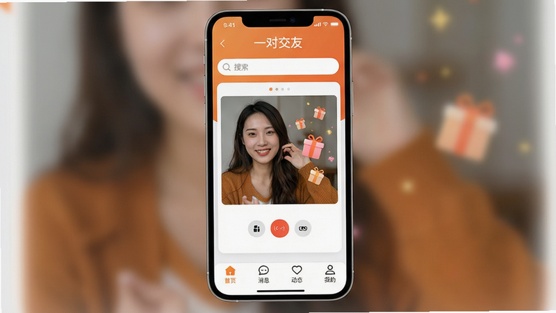 主体为一对交友APP界面全景图,布局采用中央对称式设计,顶部显示“一对交友”Logo及搜索栏,中部展示视频通话窗口与礼物特效动画,底部为功能导航栏包含首页、消息、动态、我的四个图标。排版整洁有序,风格现代简约,细节处体现高清画质与柔和光影,色调以暖橙色与白色为主,突出温馨社交氛围,无多余元素,干净清爽。