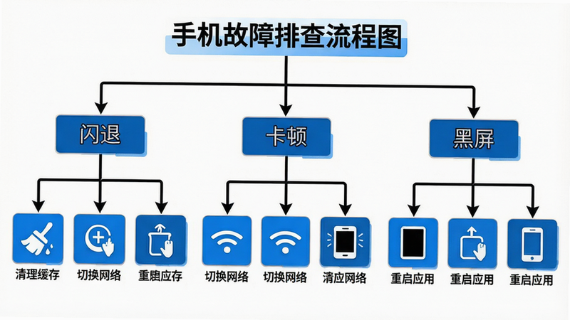 主体为手机故障排查流程图,布局自上而下,包含“闪退”、“卡顿”、“黑屏”三个分支,每个分支对应“清理缓存”、“切换网络”、“重启应用”三个解决方案图标。排版清晰逻辑强,风格扁平化设计,细节展示图标与连接线的简洁线条,色调白底黑字加蓝色高亮,无多余装饰,直观易懂。