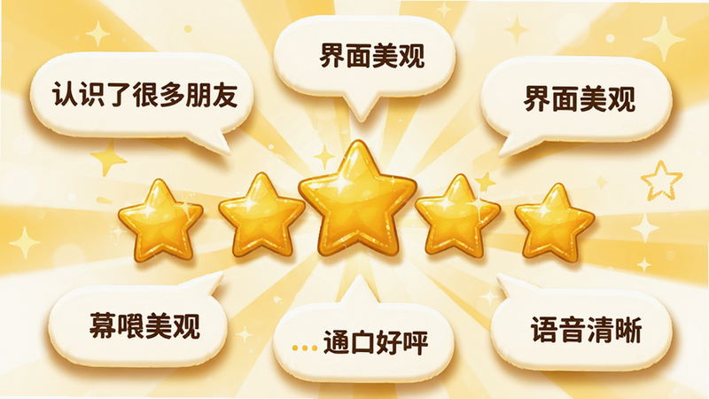 主体为用户满意度星级评价图,布局中心为五个金色星星,周围环绕着用户好评气泡,如“认识了很多朋友”、“界面美观”、“语音清晰”。排版放射状分布,风格活泼可爱,细节展示星星的光泽与气泡的阴影效果,色调暖黄与白色搭配,体现正面反馈,无多余元素,画面温馨。