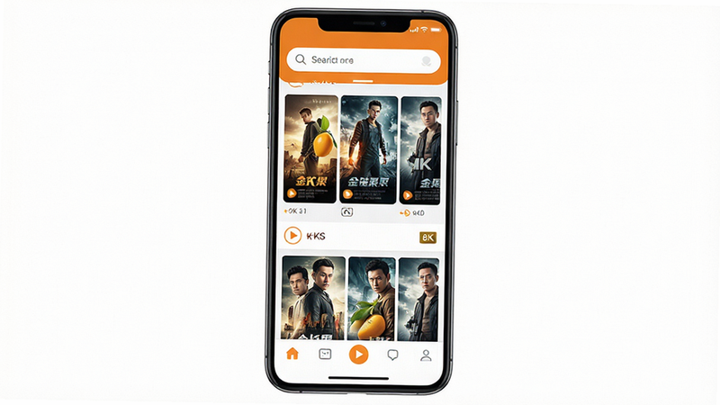 ��â����׿APP����չʾ������Ϊ�ֻ���Ļ����ʾ��Ƶ�б�ҳ�����������������м�Ϊ�����Ӱ�������񲼾֣��ײ�Ϊ�����������Ϊ�ִ���ƽ��UI��ƣ�ɫ���Գ�ɫ�Ͱ�ɫΪ����ϸ�ڰ������Ű�ťͼ��������ȱ�ʶ������8k���ɾ��޶���Ԫ�أ�������ˮӡ