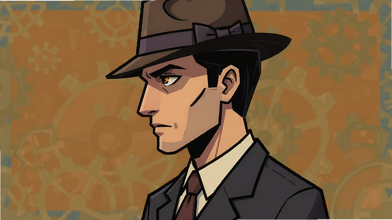 Rusty Lake Paradise 角色立绘,展示一个穿着复古西装的神秘人物,侧脸轮廓清晰,眼神深邃。背景为简单的纯色块,突出人物形象。风格为扁平化插画,线条简洁有力,色彩饱和度适中,具有强烈的现代设计感,无背景杂乱元素