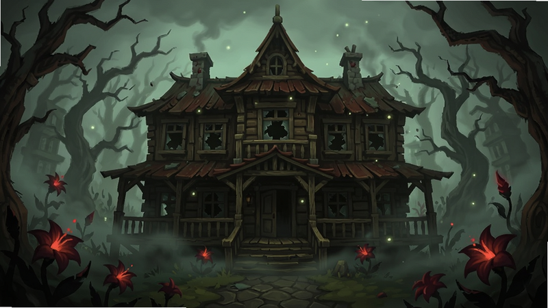 一张横版数字插画,展示 Rusty Lake Paradise 游戏的主视觉场景。画面中心是一座被浓雾笼罩的复古木质度假村建筑,周围环绕着扭曲的树木和神秘的红色花朵。色调以深绿、暗红和灰黑为主,营造出压抑且诡异的氛围。构图对称,细节丰富,包含破碎的窗户和漂浮的尘埃粒子,4k 高清画质,无多余文字元素
