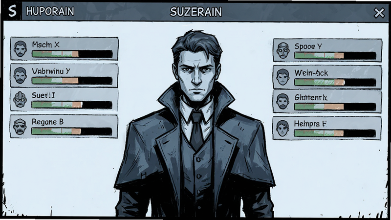 主体为 Suzerain 游戏中的外交对话界面,布局为中心人物立绘与选项列表,风格为冷色调政治漫画感,细节显示派系好感度变化条,画质清晰,干净,无多余元素