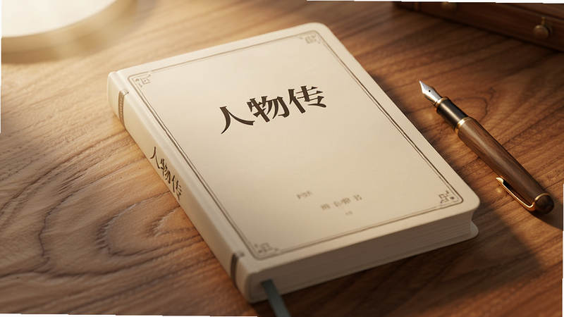 一张“人物传”导出的PDF电子书预览图,封面设计典雅,书名为“人物传”,背景为木质桌面,旁边放着一支钢笔,光线柔和,营造阅读氛围,细节丰富,高清画质