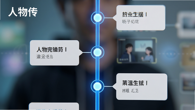 特写镜头展示“人物传”的时间轴功能,画面中心是一条垂直的蓝色主线,线上分布着几个发光的圆形节点,每个节点旁连接着简洁的文字卡片。背景虚化,突出主体,色彩清新,细节精致,8k分辨率,干净无杂质