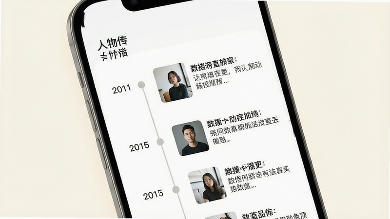 一张展示“人物传”应用核心界面的概念图,主体为手机屏幕,屏幕内显示清晰的时间轴布局,左侧为年份节点,右侧为对应的文字描述与照片缩略图。背景为柔和的米白色,整体风格简约现代,强调整洁、无多余元素、高清画质、扁平化设计