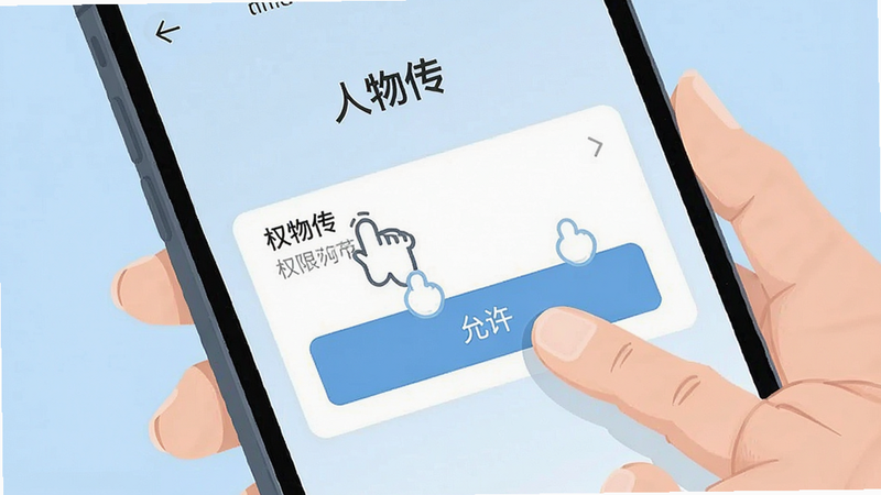 一张手机屏幕截图风格的插画,显示“人物传”的权限设置界面,手指图标点击“允许”按钮,背景为浅蓝色,简洁明了,无多余装饰,高清晰度,UI设计现代