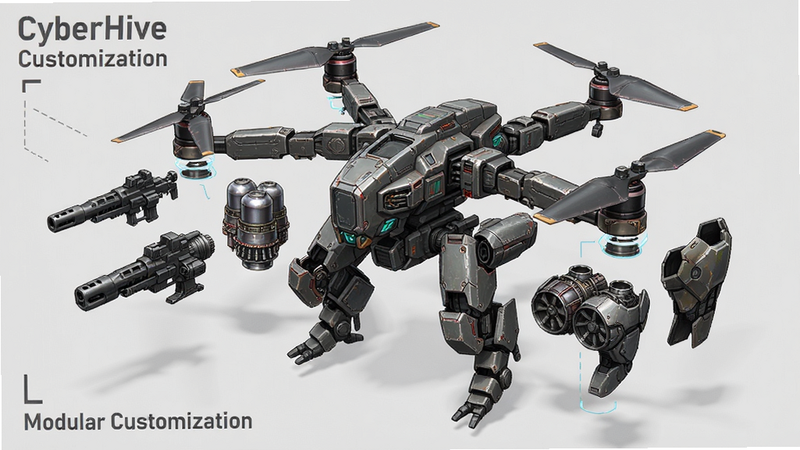 չʾ CyberHive ���˻���װ����ĸ���ͼ��������һ��������װ�Ļ������˻�������Ϊģ�黯�ֽ���ͼ���Ű����򣬷��Ϊ��ҵ�ƻ÷磬ϸ��չʾ���ֿɲ�ж���������������桢���ף�����ϸ�壬�ɾ��������ұ��������ֱ�ע 