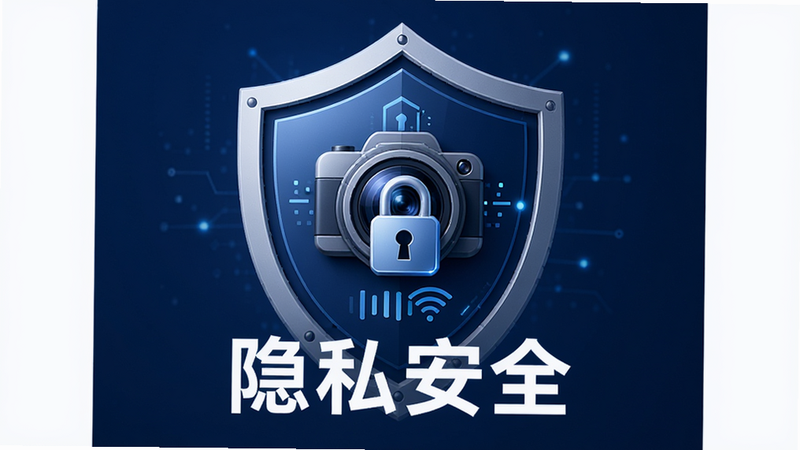 微码扫扫二维码隐私保护示意图,主体为一个盾牌图标,中间包含摄像头和锁的元素,背景为深蓝色安全色调,布局对称,排版严谨,风格为安全防护主题,细节精致,画质高,干净,无多余元素,文字'隐私安全'加粗显示