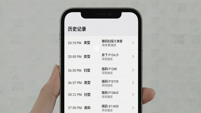 微码扫扫二维码历史记录界面,列表展示了多条扫码记录,每条记录包含时间、类型和简要描述,布局为垂直列表,排版清晰易读,风格为极简主义,细节处体现操作便捷性,画质清晰,干净,无多余元素,文字'历史记录'标题清晰