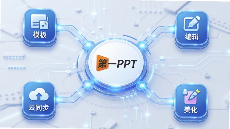 ����Ϊ��һPPT�����Ĺ���ģ��ʾ��ͼ������Ϊ���ķ���״������Ϊ����һPPT��Logo����Χ���ơ�ģ�塱�����༭��������ͬ���������������ĸ�����ͼ�꣬�Ű�Գ�ƽ�⣬���Ƽ���ǿ��ϸ�ڰ��������������Ч�������������ɾ����޶���Ԫ�أ������������á���һPPT��