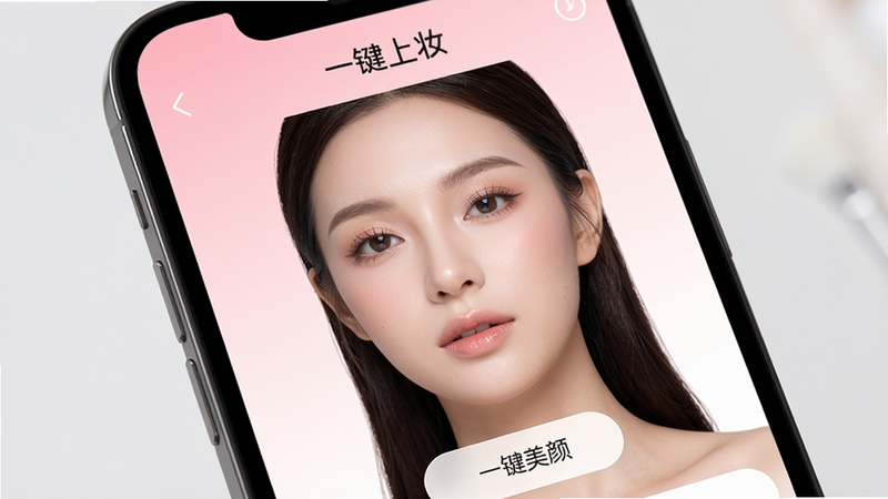 �ֻ���Ļ��д����ʾ��һ����ױ��APP���棬��������չʾһλױ�ݾ��µ�Ů���沿������Ϊ��͵ķ۰�ɫ���䣬UIԪ�ؼ���ִ���������һ�����ա���ť��������Ⱦ���޶������ָ��ţ���ʵ��ǿ