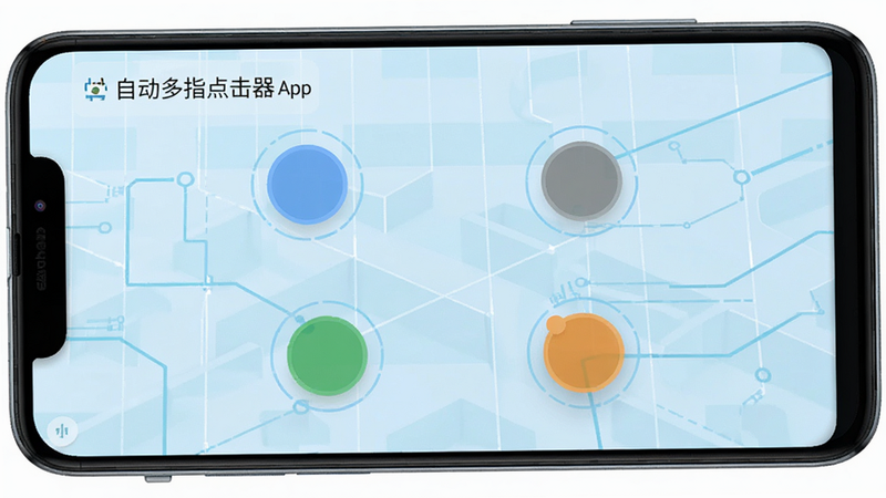 主体为安卓手机屏幕,屏幕上显示着“自动多指点击器”APP界面,界面上有四个不同颜色的圆形点击点标记,背景为淡蓝色科技网格,布局清晰,排版整齐,扁平化设计风格,细节处有轻微的光影效果,4K高清画质,干净无多余元素