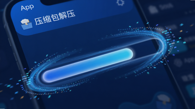 主体是一个高速旋转的解压进度条,背景为“压缩包解压”App界面,布局聚焦于进度条的流畅动态,排版简洁现代,风格为科技感蓝色调,细节处有数据流特效,画质高,干净,无多余元素