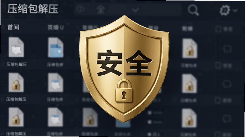 主体是一个金色的盾牌图标,上面写着“安全”,背景是模糊的“压缩包解压”文件列表,布局居中突出盾牌,排版稳重可靠,风格为商务安全风,细节处有锁形图案,画质清晰,干净,无多余元素