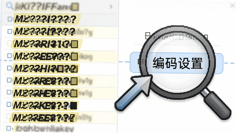 主体为一个文件名列表,其中部分文件名显示为问号或方块,旁边有一个放大镜图标指向“编码设置”选项,布局对比清晰,排版突出解决方案,风格为问题排查风,细节处有文字高亮,画质清晰,干净,无多余元素