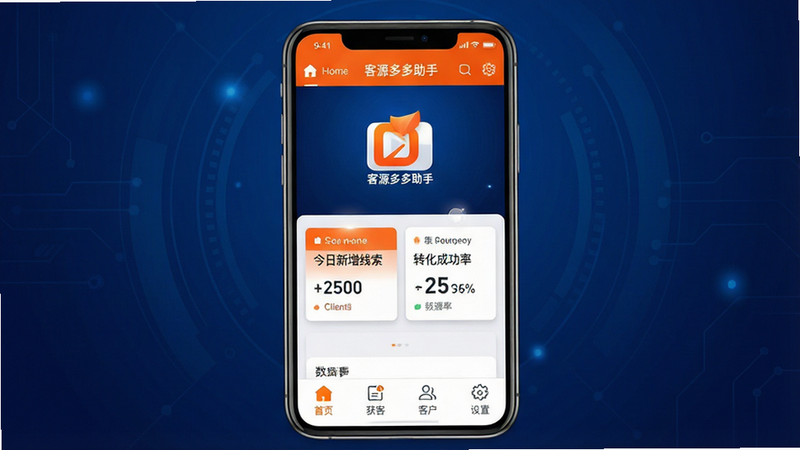 一款名为“客源多多助手”的安卓手机应用界面展示图,主体为智能手机屏幕,背景为深蓝色科技渐变风格,屏幕中央显示应用Logo及主色调为活力的橙色与白色搭配,布局包含顶部导航栏、中部数据看板区域(显示“今日新增线索”、“转化成功率”等关键指标卡片)、底部功能菜单栏(图标包括“首页”、“获客”、“客户”、“设置”),排版整齐对称,风格现代简约且具有商务感,细节处可见UI微阴影和高光效果,画质4K高清,干净无多余元素,文字清晰可读,英文标签如“Home”、“Clients”、“Settings”需准确拼写