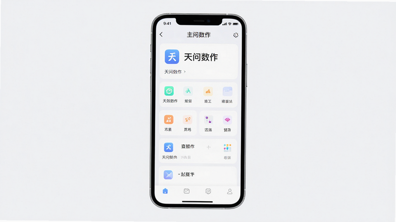 天问数作 app 界面全景展示,主体为手机屏幕显示软件主菜单,布局清晰,排版整齐,风格现代简约,细节包含图标与文字标签,画质高清,干净无多余元素,文字标注