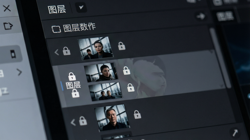天问数作 图层管理界面特写,主体为侧边栏图层列表,布局层级分明,排版紧凑有序,风格科技感,细节显示缩略图与锁定图标,画质细腻,干净无干扰,文字标注