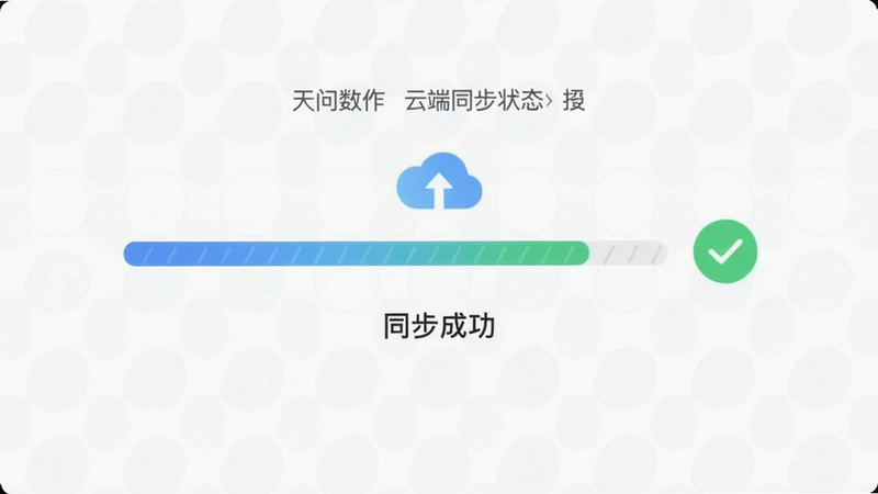 天问数作 云端同步状态界面,主体为同步进度条与成功标识,布局居中对称,排版极简,风格清新,细节显示云端图标与检查标记,画质清晰,干净无杂物,文字标注