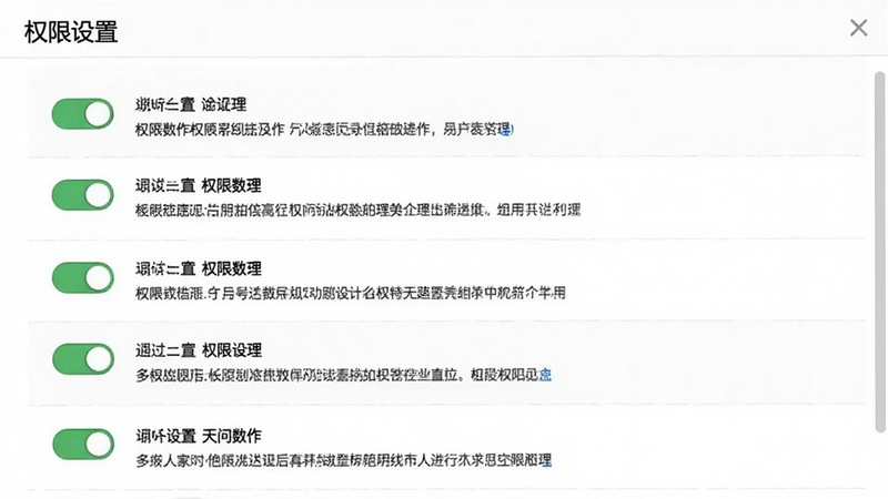 天问数作 设置界面截图,主体为权限管理列表,布局垂直排列,排版整齐,风格简洁,细节显示开关按钮与说明文字,画质清晰,干净无干扰,文字标注