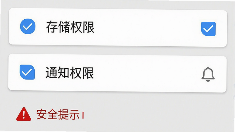 生成一张手机设置界面的示意图,重点突出“存储权限”和“通知权限”两个选项。背景为浅灰色,选项框为白色,带有蓝色勾选标记。界面下方有一个红色的警告图标,旁边写着“安全提示”。整体风格简洁明了,符合安卓系统UI设计规范。高清,清晰可见,无模糊文字,布局紧凑有序。