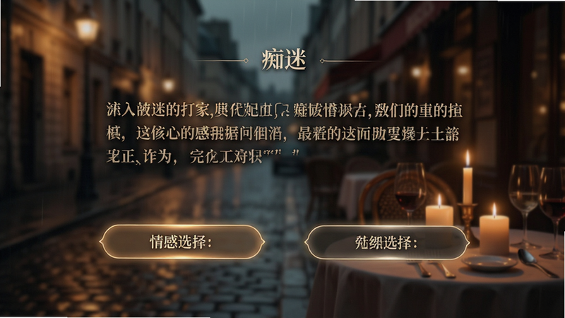 生成一张展示剧情分支选择的界面截图。屏幕中央显示一段感人的对话文本,下方有两个醒目的选择按钮,分别代表不同的情感选项。背景是模糊的唯美场景,如雨中街道或烛光晚餐。界面UI简洁高雅,字体清晰易读,按钮带有微光效果,强调交互感。画面色调温暖而略带忧郁,体现“痴迷”的情感基调。高清细节,无文字错误,布局平衡。