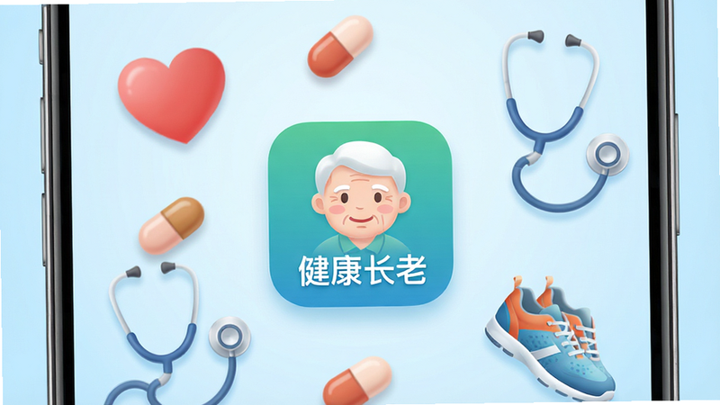 一张展示手机屏幕界面的概念图,屏幕中央显示“健康长老”APP图标,周围环绕着心形、药丸、听诊器、运动鞋子等医疗与健康元素,背景为柔和的浅蓝色渐变,风格清新简洁,高分辨率,无多余装饰