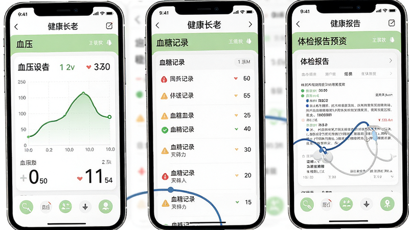 手机界面截图,展示“健康长老”APP内的健康档案模块,包含血压曲线图、血糖记录列表和体检报告预览,界面布局清晰,字体较大,色彩以白色和浅绿色为主,突出数据可视化效果,高清细节
