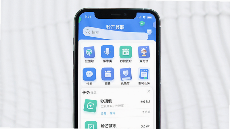 ����Ϊ�ֻ���Ļ���棬��ʾ����â��ְ��APP��ҳ����������������Ϊ���������в�Ϊ����ͼ�꣬�ײ�Ϊ�����б�������ƽ����ɫ���������ף�ϸ�ڷḻ�����ʸ��壬�ɾ��޶���Ԫ��