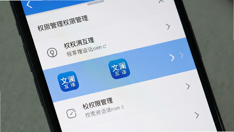 主体为手机设置界面截图,布局展示权限管理列表,文澜互译图标高亮显示,风格系统原生UI,细节清晰,画质高清,干净无其他应用图标干扰