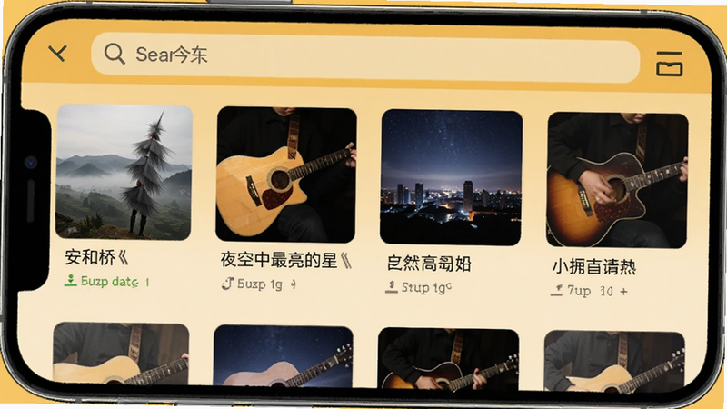 手机界面截图,显示一个收藏夹列表,顶部有搜索栏,下方是几首热门吉他谱的缩略图,包括《安和桥》、《夜空中最亮的星》,界面温馨,暖黄色调,高清,无杂色