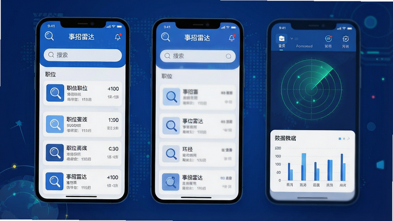 һ�Ÿ����ƽ������UI���ͼ������չʾ�������״App�������棬��������������������ְλ�б���Ƭ������ͼ��������Ű����룬ɫ���ԿƼ����Ͱ�ɫΪ����ϸ�ڴ��зŴ�ͼ����״�ɨ�趯��Ч��������8k���ɾ��޶���Ԫ��
