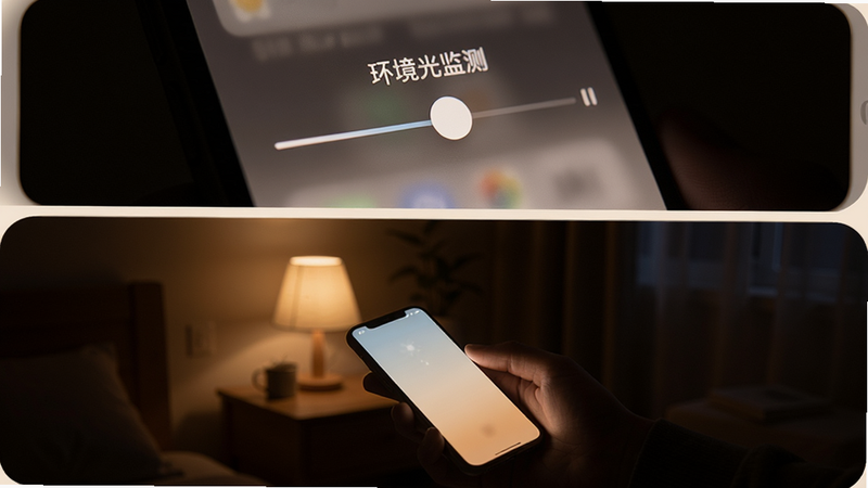 主体为夜间使用场景,布局上下结构,上方显示手机屏幕亮度调节滑块,下方展示昏暗房间中手机发光的效果,排版简洁,风格温馨静谧,细节表现光线对比与屏幕发光效果,画质柔和,干净无噪点,文字标签“环境光监测”清晰