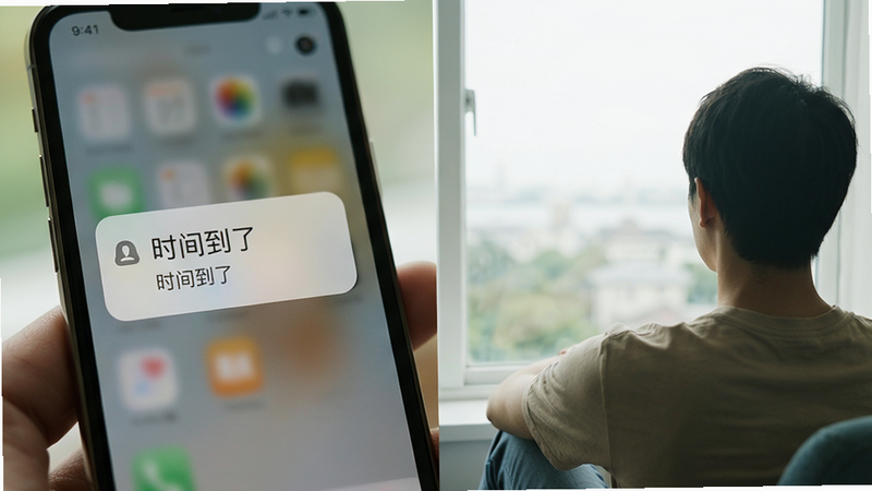 主体为休息提醒场景,布局左右分栏,左侧显示手机屏幕弹出提醒窗口,右侧展示人物远眺窗外的背影,排版平衡,风格清新自然,细节表现光线柔和与人物放松姿态,画质细腻,干净无杂物,文字标签“时间到了”清晰可见