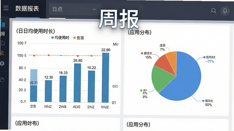 主体为数据报表界面,布局网格状,展示柱状图与饼图,分别代表日均使用时长与应用分布,排版整齐,风格商务简约,细节清晰展示数据标签与坐标轴,画质清晰,干净无冗余,文字标签“周报”突出