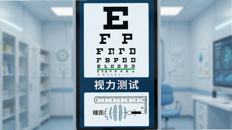 主体为视力测试界面,布局纵向排列,上方显示标准E字视力表,下方展示瞳距测量示意图,排版紧凑有序,风格医疗科技感,细节突出视力表清晰度与测量标尺,画质锐利,干净无干扰,文字标签“视力测试”醒目