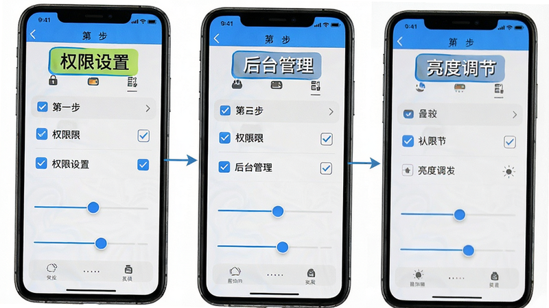 主体为手机设置界面,布局分步骤展示,第一步权限设置,第二步后台管理,第三步亮度调节,排版线性流程,风格教程指引,细节清晰展示勾选框与滑块,画质清晰,干净无干扰,文字标签“权限设置”高亮