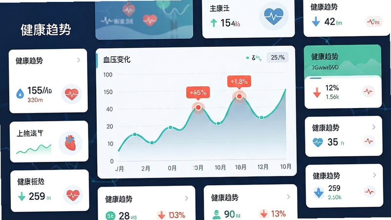 主体为健康数据图表界面,布局中心为折线图展示血压变化,周围环绕数据卡片,排版紧凑有序,风格为扁平化设计,细节包含高亮异常数据点,画质清晰,干净,无多余元素,文字引用“健康趋势”